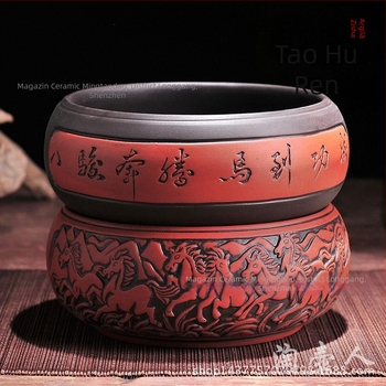 Set Gongfu de ceai din lut Yixing purpuriu, motiv bicolor cu opt cai, 6 inch, stil antic; include ceainic, ceașcă și vas de clătire a ceaiului