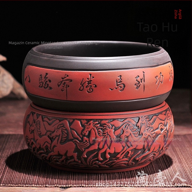 Set Gongfu de ceai din lut Yixing purpuriu, motiv bicolor cu opt cai, 6 inch, stil antic; include ceainic, ceașcă și vas de clătire a ceaiului