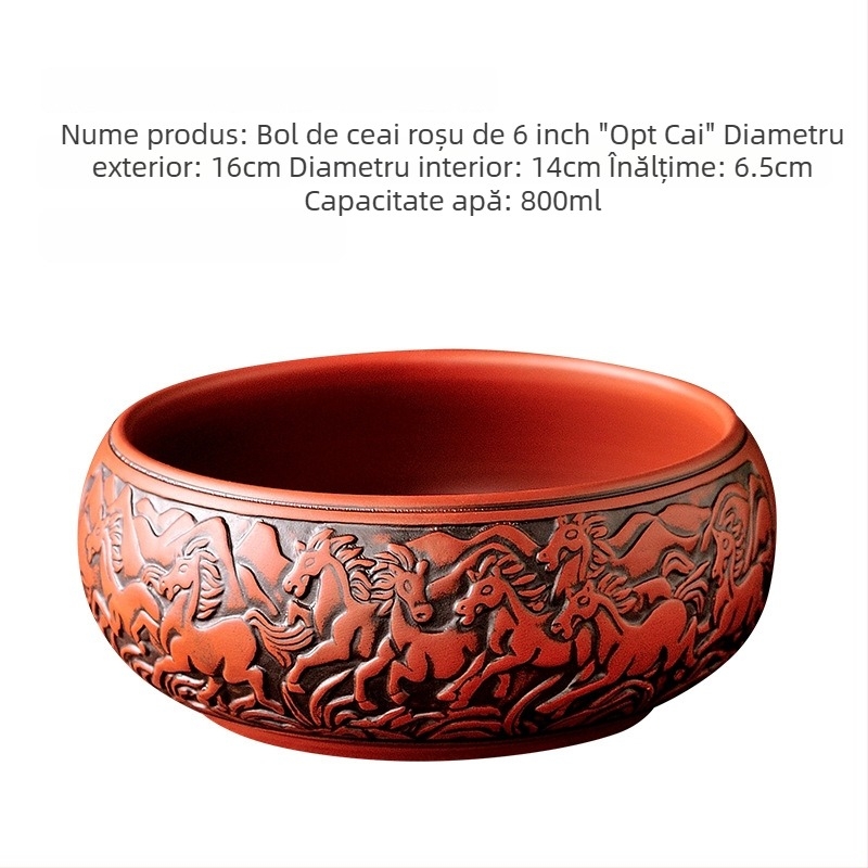 Set Gongfu de ceai din lut Yixing purpuriu, motiv bicolor cu opt cai, 6 inch, stil antic; include ceainic, ceașcă și vas de clătire a ceaiului