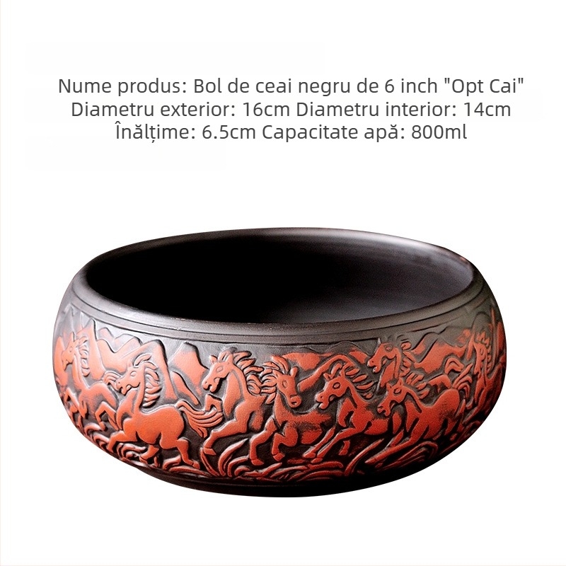 Set Gongfu de ceai din lut Yixing purpuriu, motiv bicolor cu opt cai, 6 inch, stil antic; include ceainic, ceașcă și vas de clătire a ceaiului