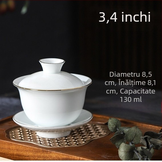 Set gaiwan din 3 piese: porțelan alb cu margine aurie și glazură tricromă, ceașcă mică Gongfu