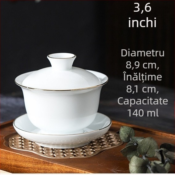 Set gaiwan din 3 piese: porțelan alb cu margine aurie și glazură tricromă, ceașcă mică Gongfu