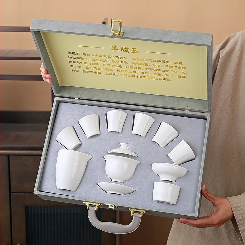 Auspicious Gongfu ceai set din porțelan alb – minimalist pentru șase persoane, cu imprimare a logo-ului