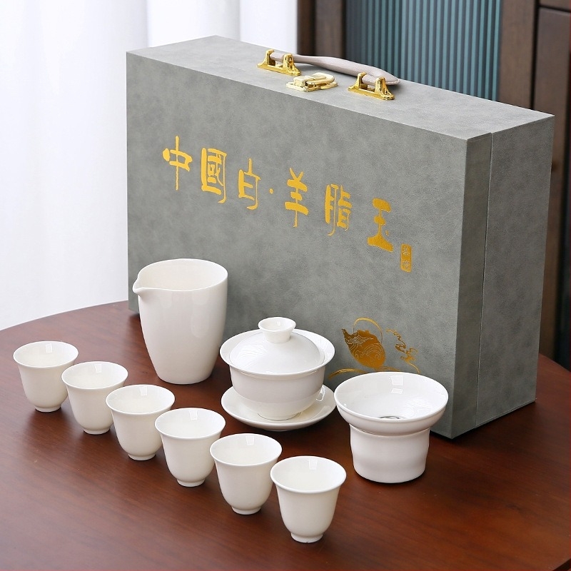 Auspicious Gongfu ceai set din porțelan alb – minimalist pentru șase persoane, cu imprimare a logo-ului