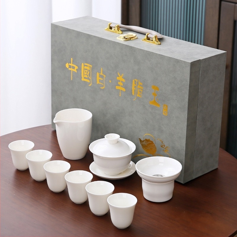 Auspicious Gongfu ceai set din porțelan alb – minimalist pentru șase persoane, cu imprimare a logo-ului