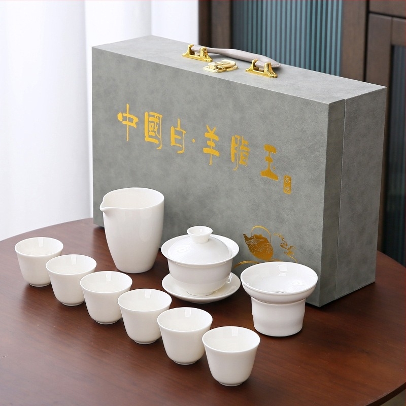 Auspicious Gongfu ceai set din porțelan alb – minimalist pentru șase persoane, cu imprimare a logo-ului