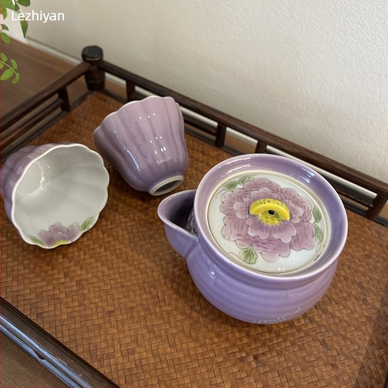 Ceainic ceramic pictat manual cu bujor, pentru ceai Gongfu, protecție la arsură, hibiscus purpuriu, ceainic de uz casnic cu mâner lateral