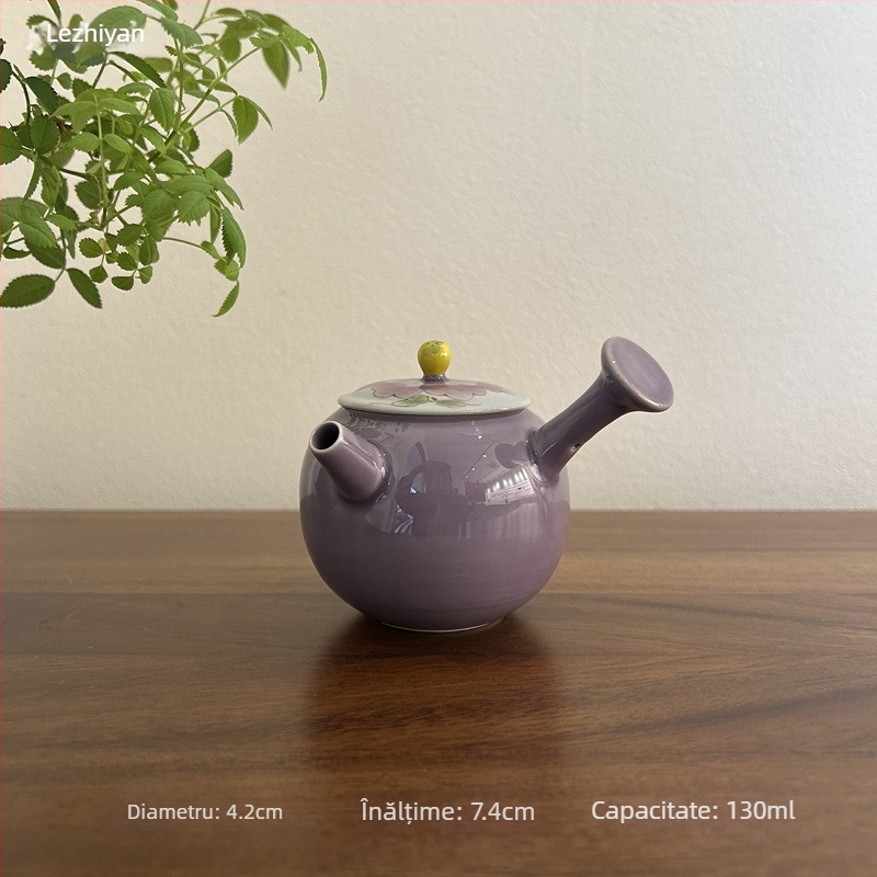 Ceainic ceramic pictat manual cu bujor, pentru ceai Gongfu, protecție la arsură, hibiscus purpuriu, ceainic de uz casnic cu mâner lateral