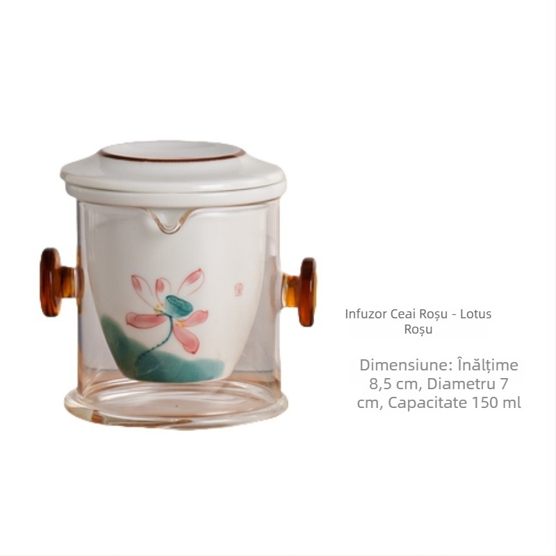 Ceainic ceramic pentru ceai negru și ceai parfumat, cu sistem de separare ceai-apă, cană pictată manual, 150 ml