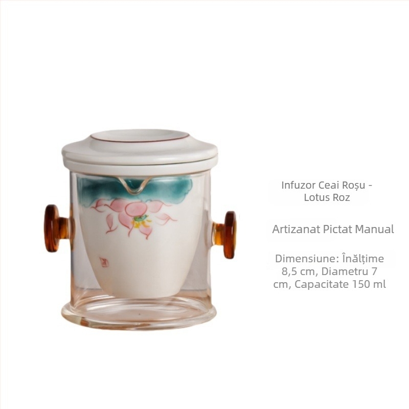 Ceainic ceramic pentru ceai negru și ceai parfumat, cu sistem de separare ceai-apă, cană pictată manual, 150 ml