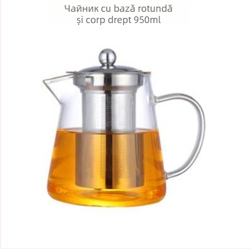 Ceainic din sticlă borosiliată, rezistent la căldură, cu design triunghiular și filtru din oțel inoxidabil