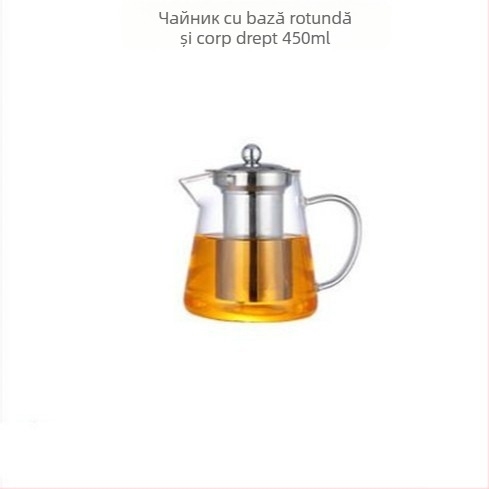 Ceainic din sticlă borosiliată, rezistent la căldură, cu design triunghiular și filtru din oțel inoxidabil