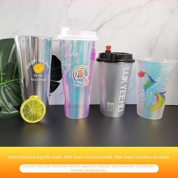 Cupa de unică folosință pentru ceai cu lapte, diametru 90 mm, film holografic curcubeu în interior, PP injectat, 701-800 ml, pentru băuturi calde sau reci