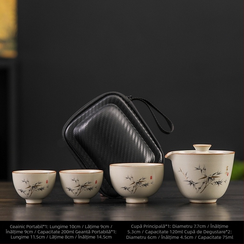 Set Gongfu de ceai din ceramică Ru Kiln, 1 ceainic și 3 cești, portabil pentru camping și călătorii, cadou personalizabil
