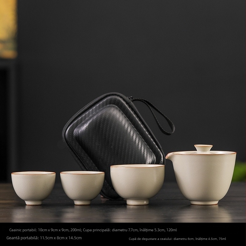 Set Gongfu de ceai din ceramică Ru Kiln, 1 ceainic și 3 cești, portabil pentru camping și călătorii, cadou personalizabil