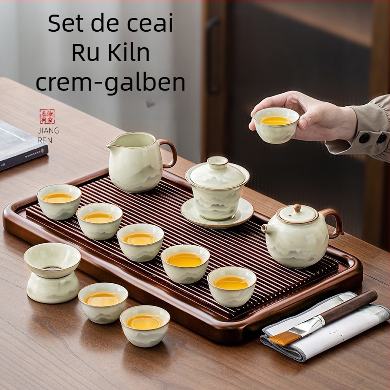 Set de ceai ceramic Ru kiln cu ceainică Xi Shi, glazură ceramică, capacitate pentru 6 persoane, include tavă de ceai, personalizabil, pentru uz casnic, stil național chinez nou