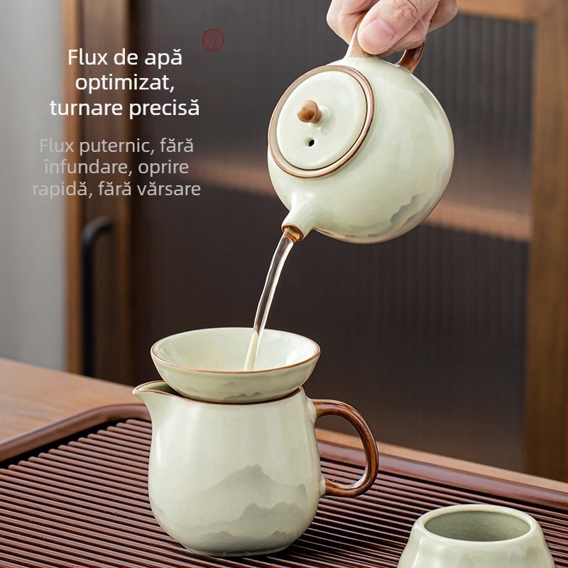 Set de ceai ceramic Ru kiln cu ceainică Xi Shi, glazură ceramică, capacitate pentru 6 persoane, include tavă de ceai, personalizabil, pentru uz casnic, stil național chinez nou