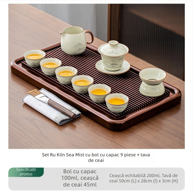 Set de ceai ceramic Ru kiln cu ceainică Xi Shi, glazură ceramică, capacitate pentru 6 persoane, include tavă de ceai, personalizabil, pentru uz casnic, stil național chinez nou