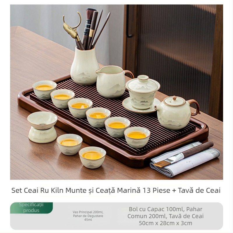 Set de ceai ceramic Ru kiln cu ceainică Xi Shi, glazură ceramică, capacitate pentru 6 persoane, include tavă de ceai, personalizabil, pentru uz casnic, stil național chinez nou