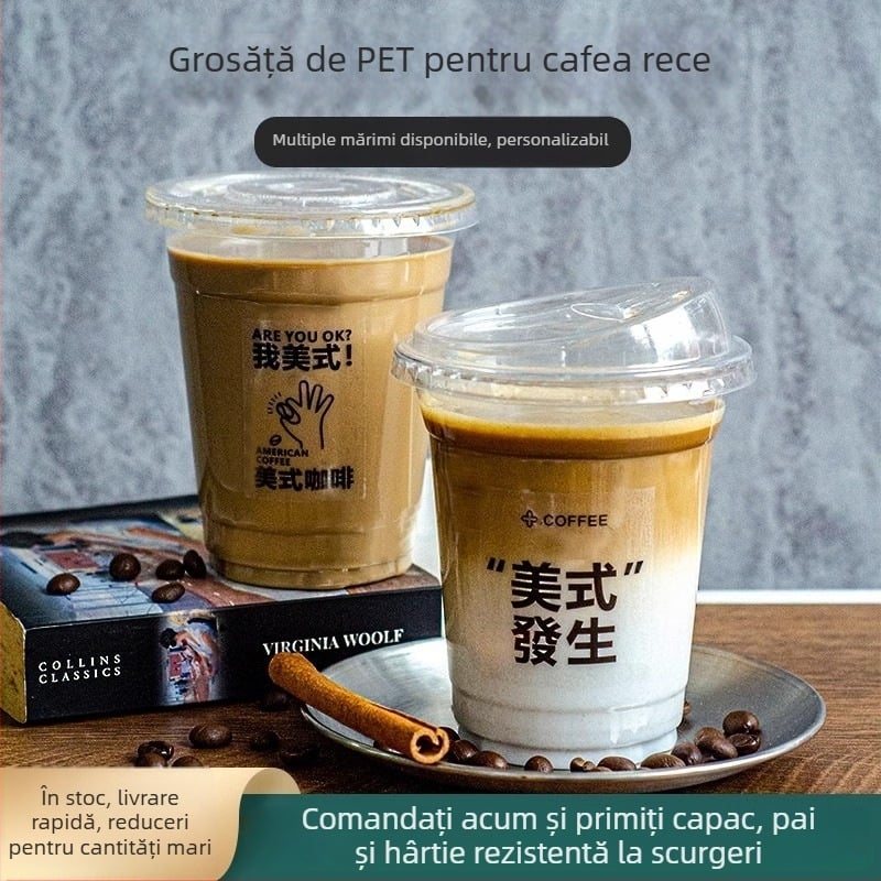 Pahar PET de unică folosință, transparent, pentru băuturi reci, cu capac, 260–500 ml, pentru ceai cu lapte și cafea latte, cu logo