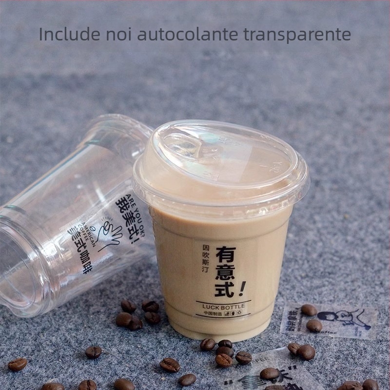 Pahar PET de unică folosință, transparent, pentru băuturi reci, cu capac, 260–500 ml, pentru ceai cu lapte și cafea latte, cu logo