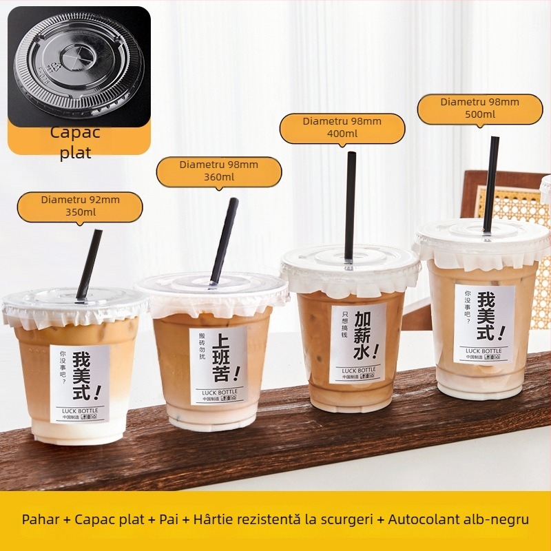 Pahar PET de unică folosință, transparent, pentru băuturi reci, cu capac, 260–500 ml, pentru ceai cu lapte și cafea latte, cu logo