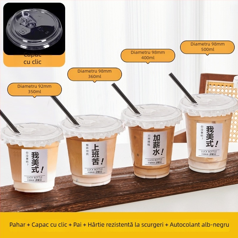 Pahar PET de unică folosință, transparent, pentru băuturi reci, cu capac, 260–500 ml, pentru ceai cu lapte și cafea latte, cu logo