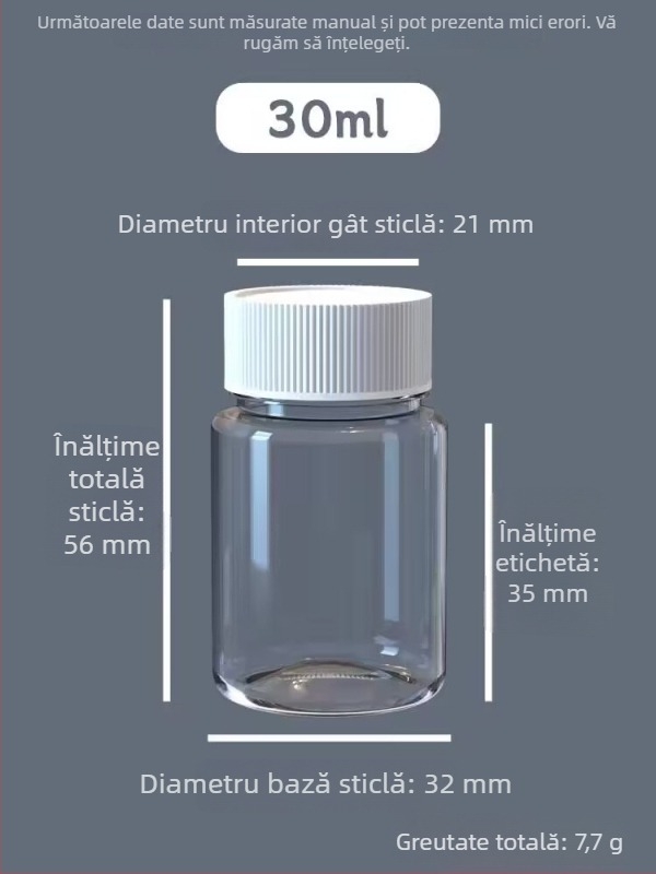 Sticlă pătrată, transparentă, din PET, 30 ml, pentru pastile, cu gură largă și capac filet
