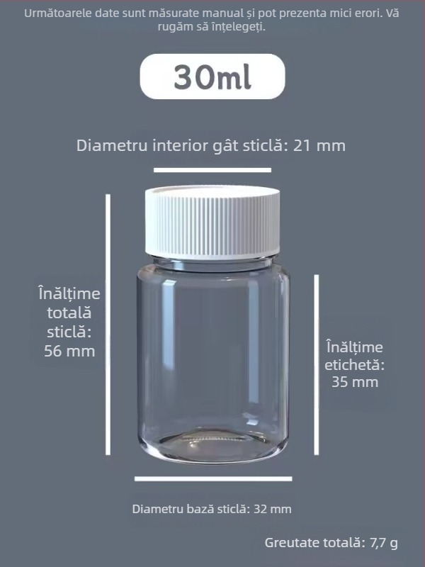 Sticlă pătrată, transparentă, din PET, 30 ml, pentru pastile, cu gură largă și capac filet