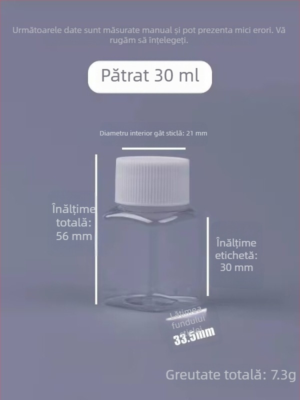 Sticlă pătrată, transparentă, din PET, 30 ml, pentru pastile, cu gură largă și capac filet