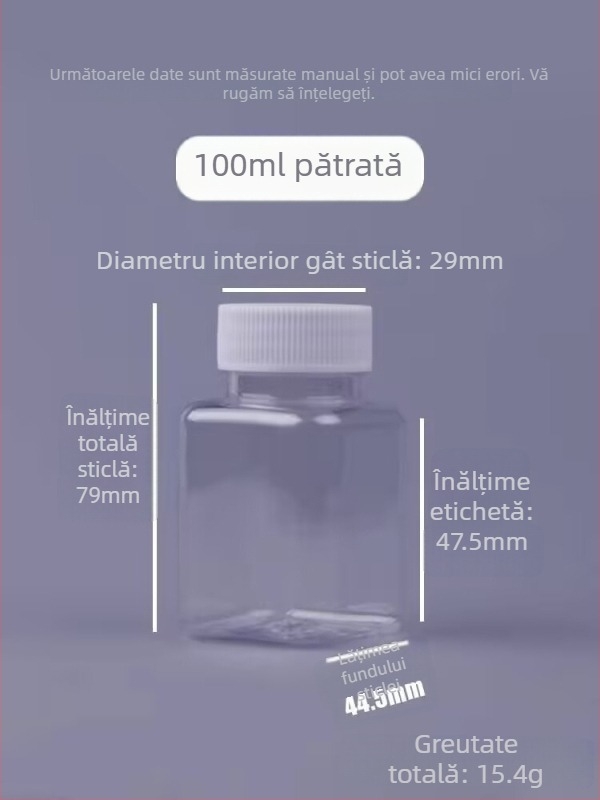 Sticlă pătrată, transparentă, din PET, 30 ml, pentru pastile, cu gură largă și capac filet