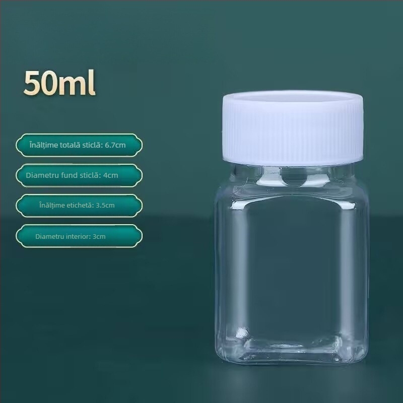 Sticlă pătrată, transparentă, din PET, 30 ml, pentru pastile, cu gură largă și capac filet