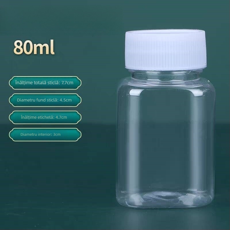 Sticlă pătrată, transparentă, din PET, 30 ml, pentru pastile, cu gură largă și capac filet