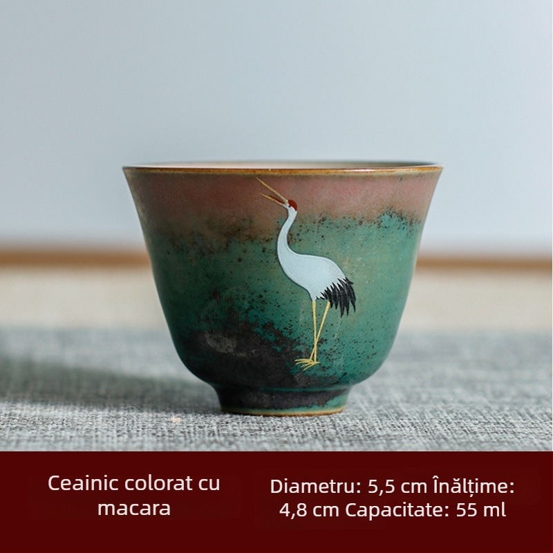 Ceașcă de ceai din porțelan, în stil japonez, cu motiv crane — set cadou cu o singură ceașcă și ceașca gazdei