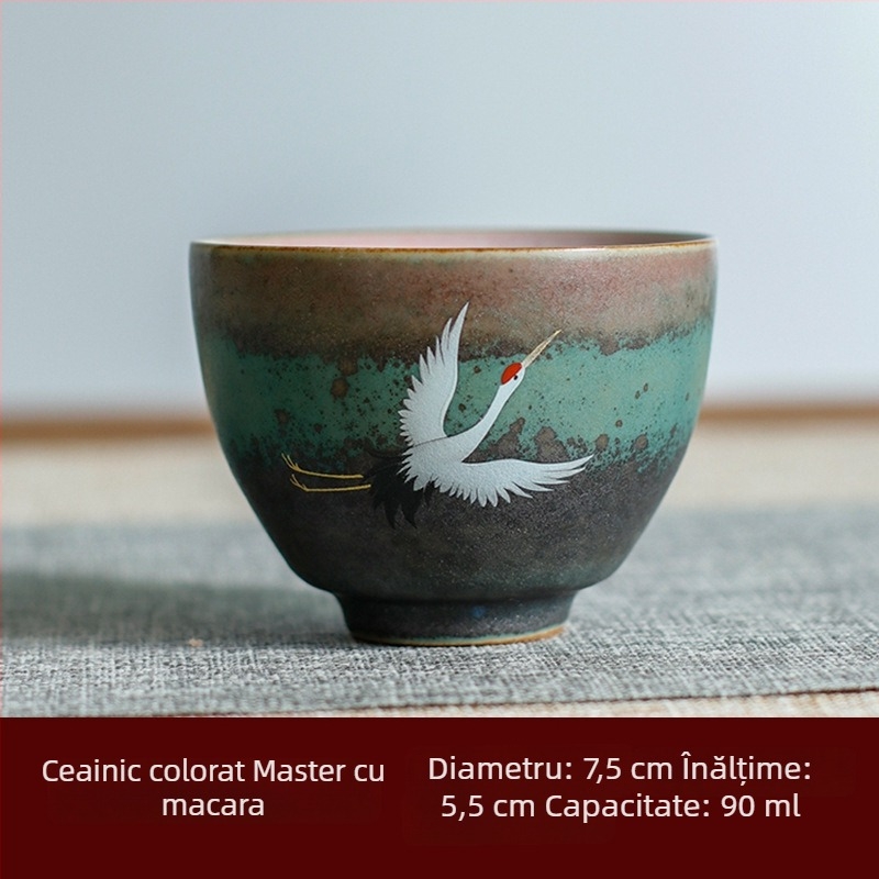 Ceașcă de ceai din porțelan, în stil japonez, cu motiv crane — set cadou cu o singură ceașcă și ceașca gazdei