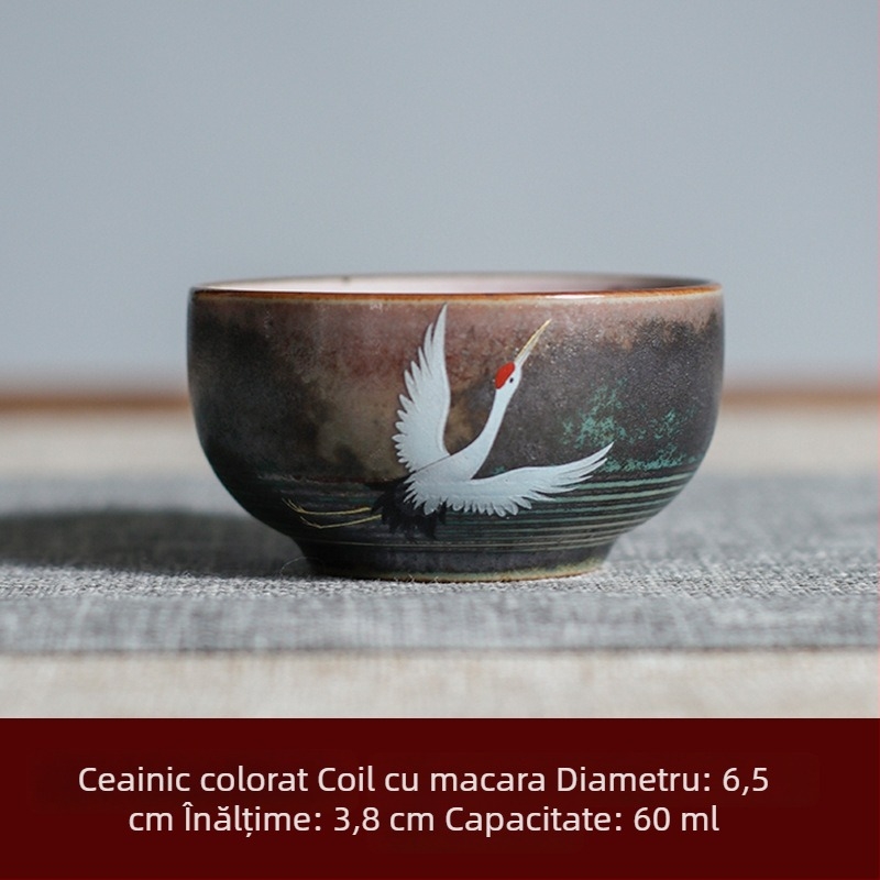 Ceașcă de ceai din porțelan, în stil japonez, cu motiv crane — set cadou cu o singură ceașcă și ceașca gazdei