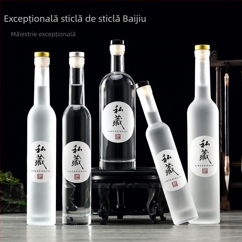 Sticlă subțire din cristal pentru vodkă și vin, finisaj transparent sau opac, pentru băuturi. Disponibilă în 200 ml, 375 ml și 500 ml (ovală sau lungă).