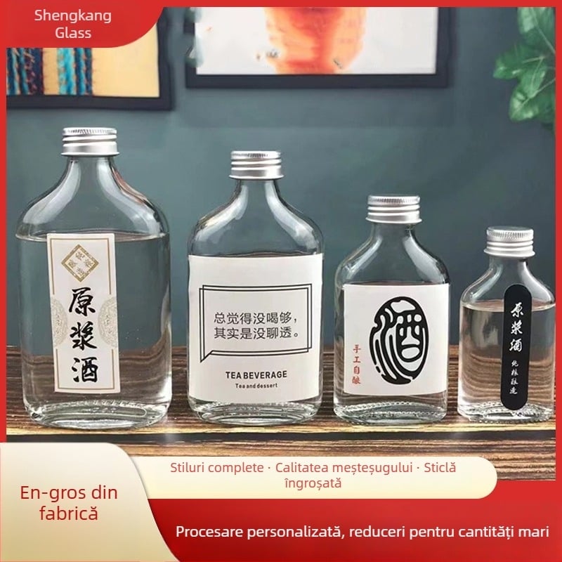 Sticle din sticlă pentru băuturi, gură mică și finisaj mat, dimensiuni 50 ml, 100 ml, 200 ml, 250 ml, 350 ml și 500 ml, pentru vin alb, ambalaj tip ou carton