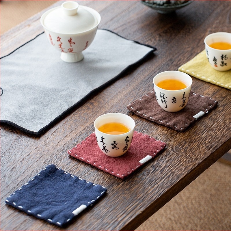 Suport pătrat pentru ceainic în stil Zen japonez, din bumbac și in, broderie manuală, izolație termică pentru ceașcă, accesorii pentru ceremonia ceaiului