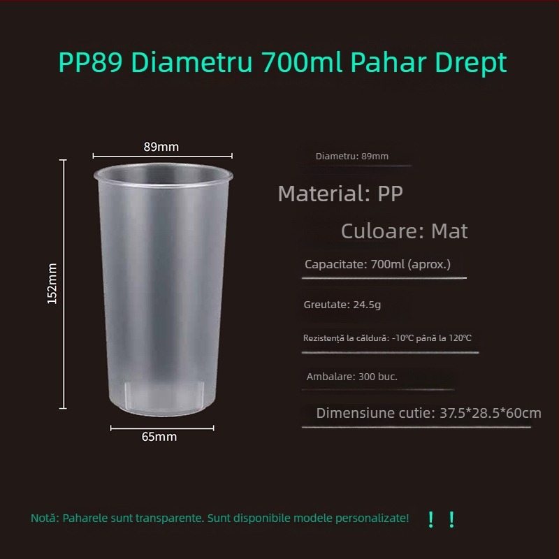 PP89 500-700 ml pahar cilindric din PP pentru ceai cu lapte și cafea, de unică folosință, finisaj mat, pentru take-away, cu capac opțional