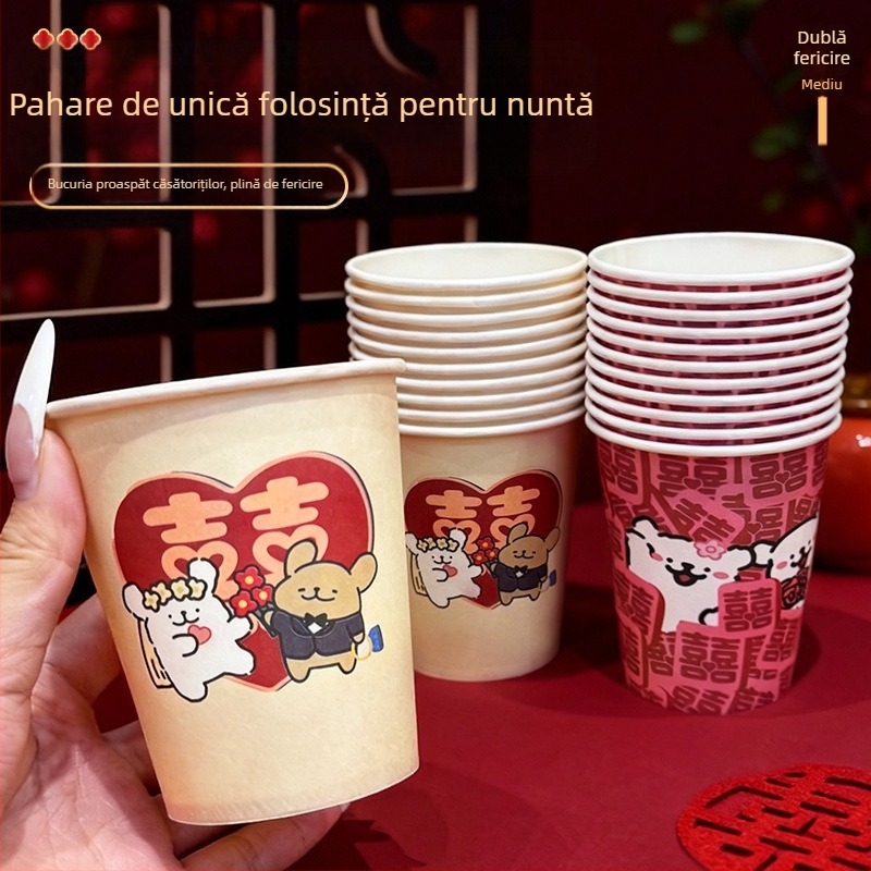 Pahare de hârtie de unică folosință pentru nunți, pahare roșii pentru logodnă, pahare groase pentru banchetul de nuntă
