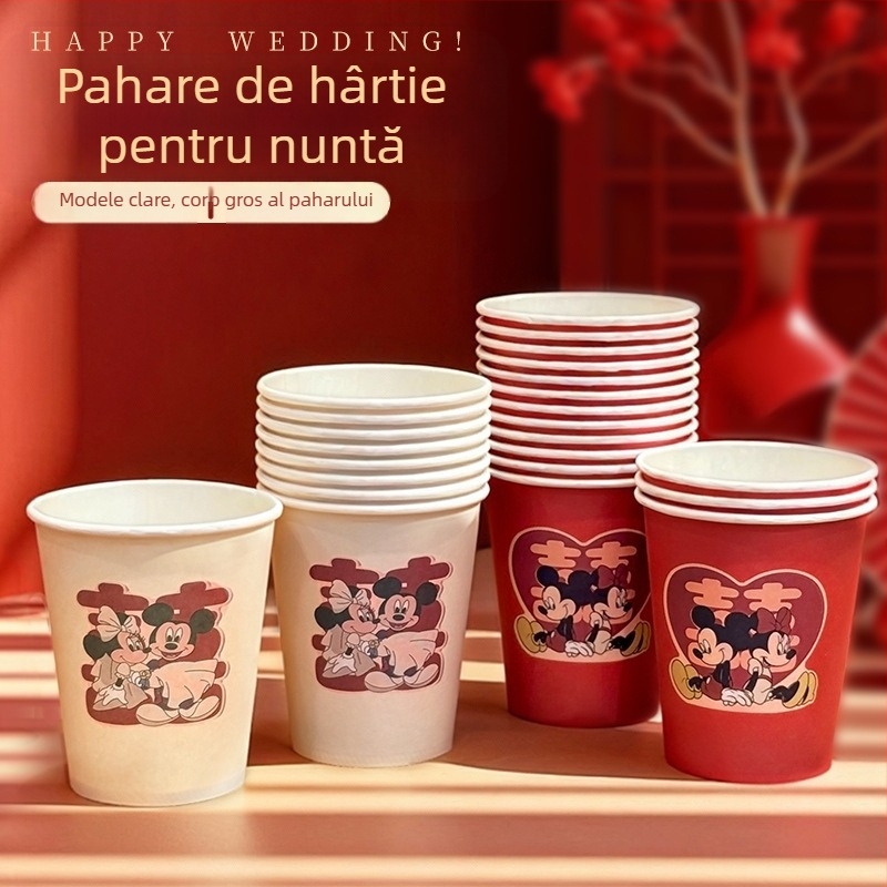 Pahare de hârtie de unică folosință pentru nunți, pahare roșii pentru logodnă, pahare groase pentru banchetul de nuntă