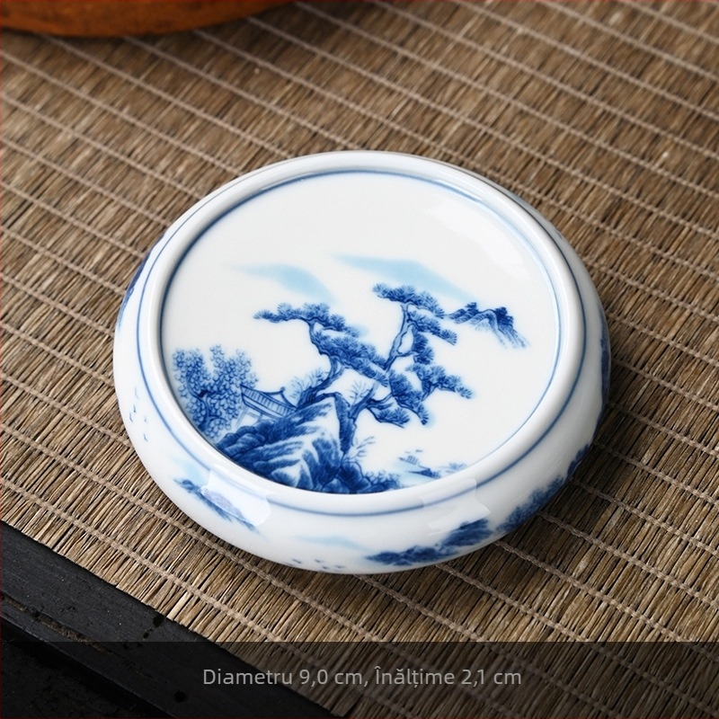 Accesorii pentru ceremonia ceaiului din porțelan bleu-albastru: suport ceramic pentru cești, suport pentru ceainic, tavă pentru ceai, covoraș termic pentru ceai, set retro Kung Fu pentru ceai