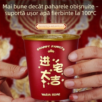Cupe de hârtie roșii, cu folie de aur, de unică folosință, laminat, 201–300 ml, pentru ceremonia de mutare în noul domiciliu