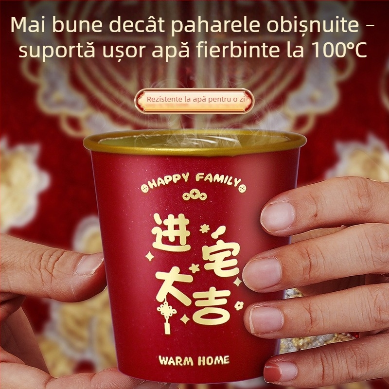 Cupe de hârtie roșii, cu folie de aur, de unică folosință, laminat, 201–300 ml, pentru ceremonia de mutare în noul domiciliu