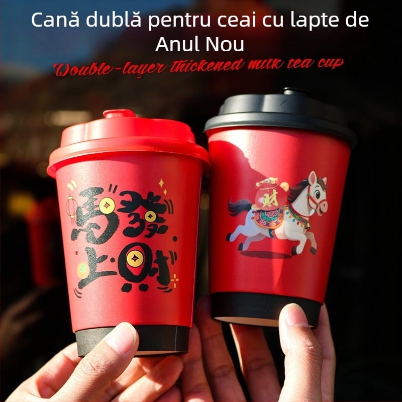Pahar din hârtie cu dublu pereți, roșu, cu capac, pentru băuturi fierbinți, rezistent la temperaturi înalte, ceașcă premium pentru ceai cu lapte