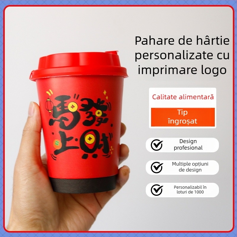 Pahar din hârtie cu dublu pereți, roșu, cu capac, pentru băuturi fierbinți, rezistent la temperaturi înalte, ceașcă premium pentru ceai cu lapte