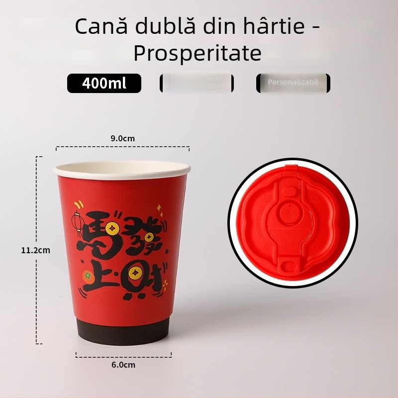 Pahar din hârtie cu dublu pereți, roșu, cu capac, pentru băuturi fierbinți, rezistent la temperaturi înalte, ceașcă premium pentru ceai cu lapte