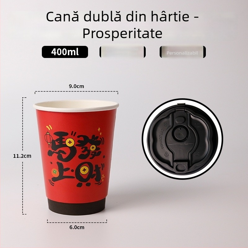 Pahar din hârtie cu dublu pereți, roșu, cu capac, pentru băuturi fierbinți, rezistent la temperaturi înalte, ceașcă premium pentru ceai cu lapte