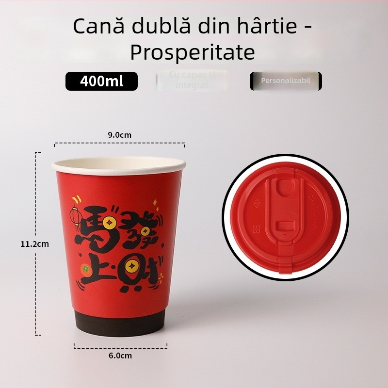 Pahar din hârtie cu dublu pereți, roșu, cu capac, pentru băuturi fierbinți, rezistent la temperaturi înalte, ceașcă premium pentru ceai cu lapte